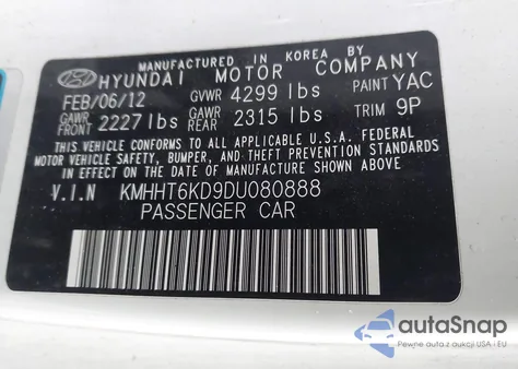 2013 Hyundai Genesis 2.0T from USA, damaged, VIN KMHHT6KD9DU080888
